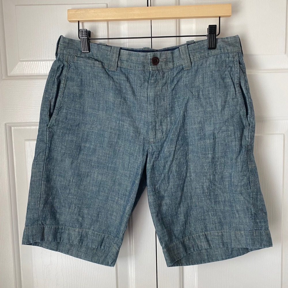 J.Crew Stanton Shorts Mens 32 Blue Chambray 100% Cotton Flat Front Casual Preppy